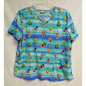 Looney Tunes Scrub Top Womens XL Bugs Bunny Taz Tweety Sylvester Marvin